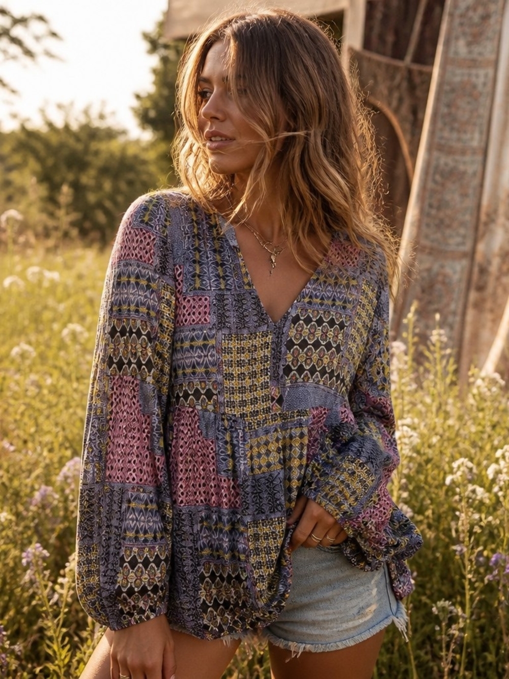 ellos Mauve Multi Patchwork V-Neck Tunic